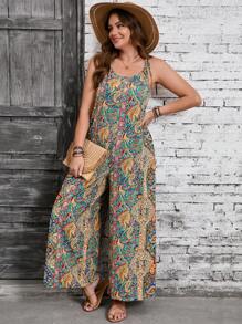 SHEIN VCAY Plus Size Women Casual Paisley Print Pocket Wide Leg Jumpsuit