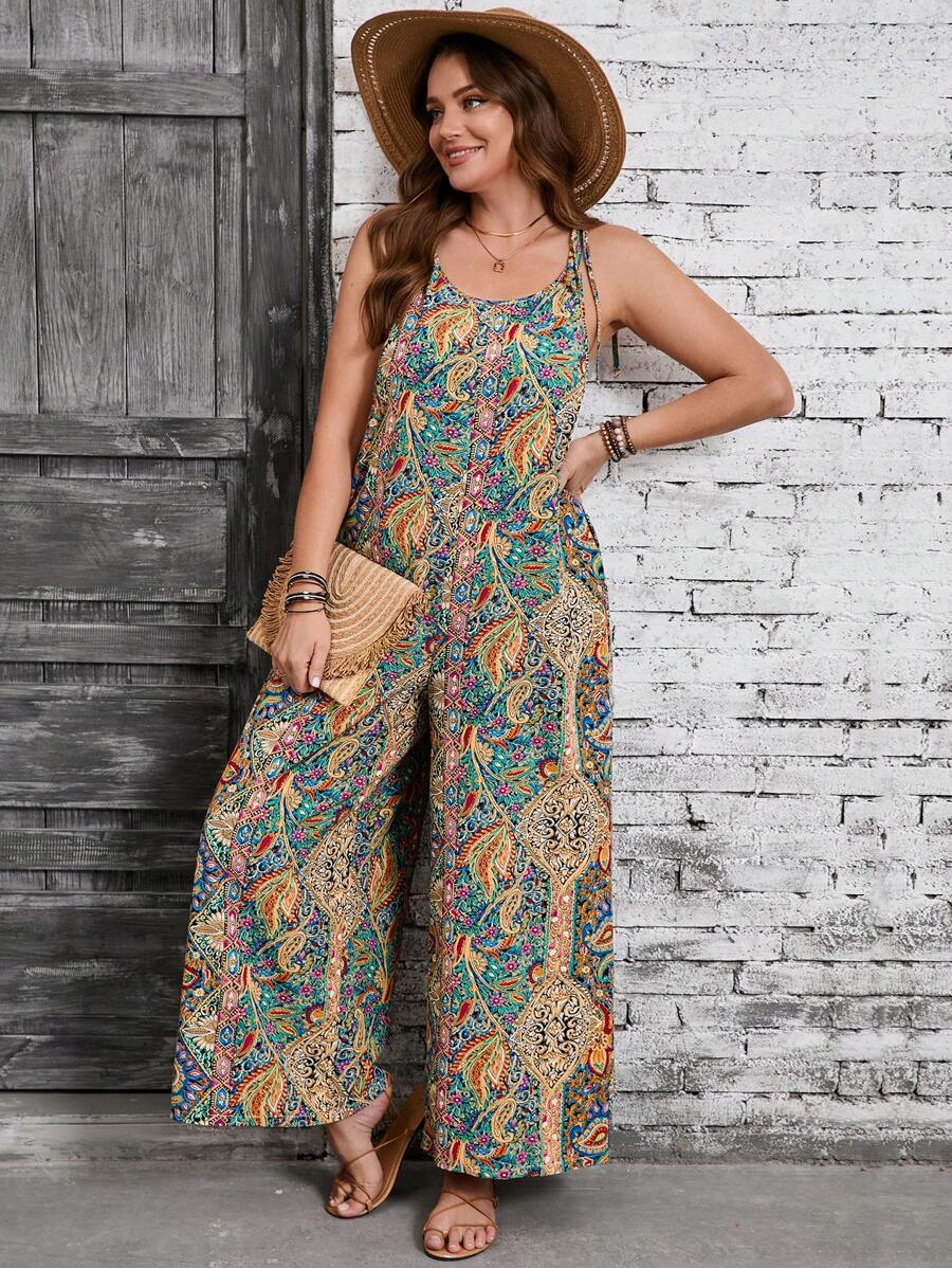 SHEIN VCAY Plus Size Women Casual Paisley Print Pocket Wide Leg Jumpsuit