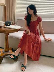 DAZY Women's Lace Puff Sleeve Waist Midi Dress Sundress - Red - View 5