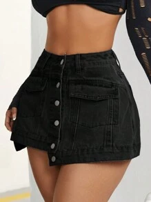 SHEIN PETITE Women's Solid Color Front Button Pocket Simple Casual Denim Shorts