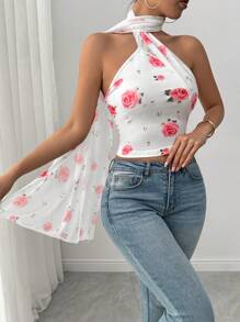 Chiquease Women's Elegant Romantic Rose Flower Mesh Print Floral Ribbon Elastic Fitted Camisole - Pink - View 1