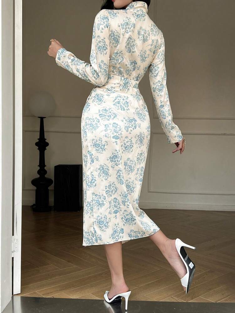 Women's Floral Allover Print Holiday/Vacation Beach Dress, Spring/Fall Elegant Long Sleeve Dress Maxi Dress