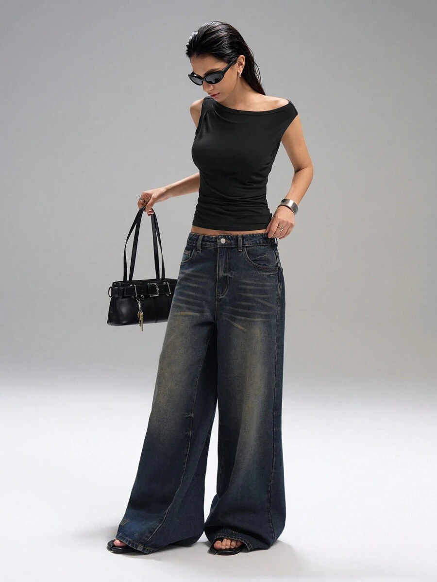 LYSMO Women's Casual Versatile Asymmetrical Shoulder Basic Black Tank Top