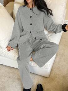 DAZY Simple Winter Knitted Fleece Pajama Set - Grey - View 3