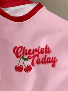 Manfinity Joysei Camiseta casual de manga corta con cuello redondo y estampado de letras de cereza de verano para hombres
