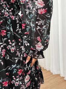 SHEIN CURVE+ Plus Size Women's Printed Ruffled Sleeve Pleated Dress Boho Vacation