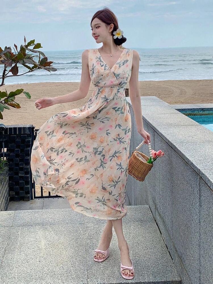Women's Flower Print V-Neck Sleeveless Midi Dress, Perfect For Holiday, For Spring Summer Floral Cruise Women Outfits Boho Vacation Outfits Women
