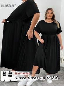SHEIN CURVE+ Plus Size Women Summer Casual Black Belted Waist Loose Dress With Pockets, Long Sleeve