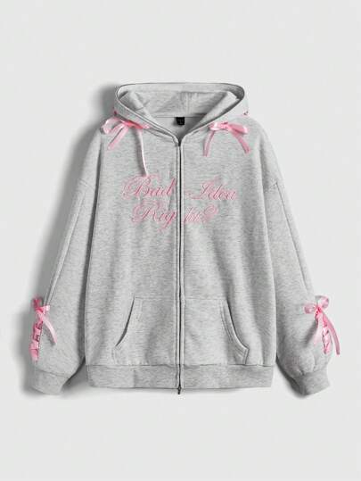 Street Life Y2K-Stil, Girly Ribbon Bow Buchstabe Muster, Farbblockierung, Grau & Pink, Kapuzenpullover mit Reißverschluss vorne für Damen