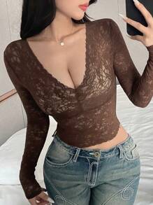 DAZY Blusa de encaje marrón con tonos de café, primavera/verano