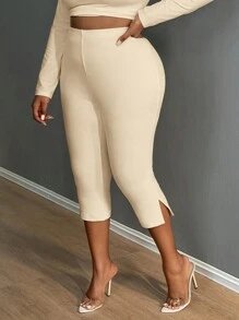SHEIN SXY Leggings recortados divididos de color liso, leggings elásticos de cintura casual para uso diario, ropa de mujer talla grande