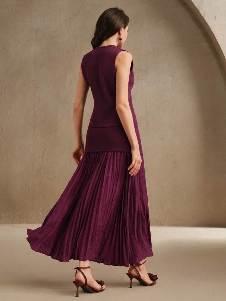Women's Solid Color Single Breasted Knit Vest & Long Pleated Knit Midi Skirt Set, Vintage Chic For Everyday Office Wear