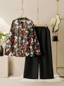 Lacomfia 2 pièces/set grande taille, Ensemble décontracté printemps/été avec chemise ample à manches longues et imprimé tout-sur-tout et pantalon à taille élastique et pattes d'éléphant