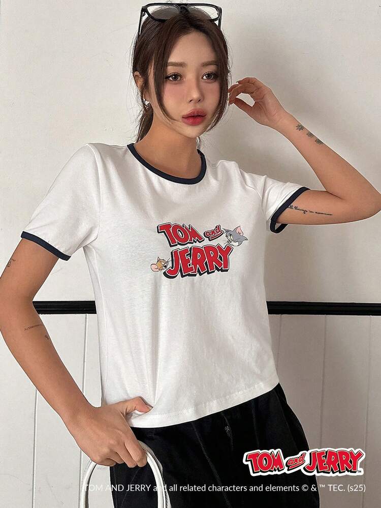 TOM AND JERRY X DAZY Cartoon Graphic Fitted Round Neck Short Sleeve Women T-Shirt, Teacher
