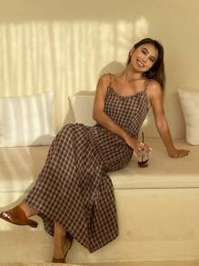 Livesso Retro Pattern Spaghetti Strap Dress With Ruffle Hem Patchwork Summer Sundress,Casual Women Dresses Plaid - Brown - View 4