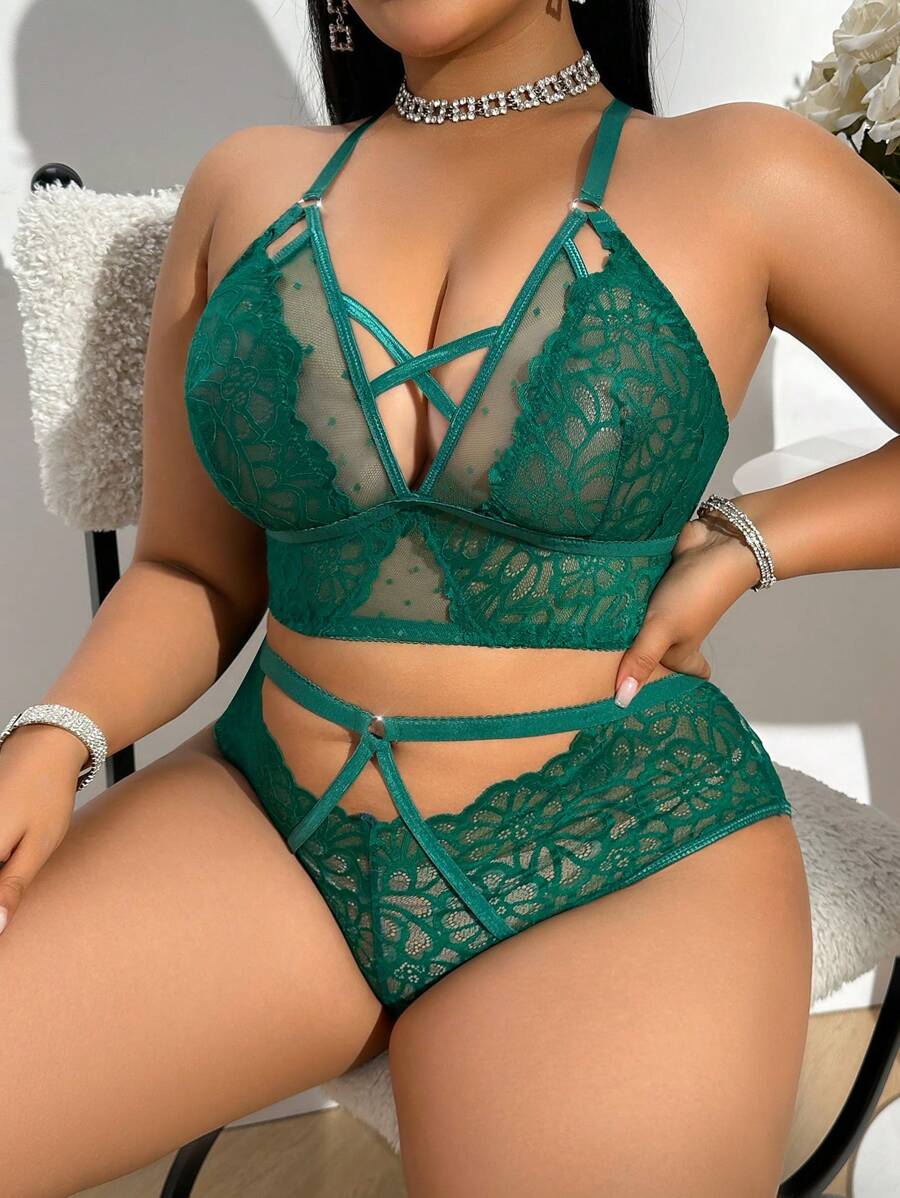 Plus Size Lace Patchwork Sexy Sheer Romantic Lingerie Set