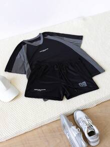 Manfinity Sport Corelite 2 Stücke Herren Einfarbig Blockfarbe Buchstaben Muster Kurzarm Top und Shorts Sport Freizeitanzug