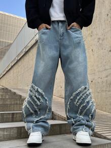 Manfinity EMRG Jeans casuales de pierna ancha con bolsillo remendado y deshilachado para hombres