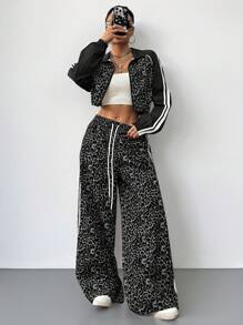 Coolane Conjunto de dos piezas de mujer con chaqueta estilo atlético de mezcla de estampado de leopardo y pantalón ancho de chándal para salir