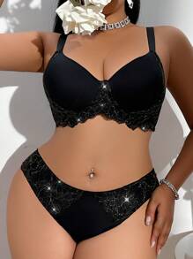 2pcs Plus Size Lace Floral Contrast Trim Underwire Padded Bra Set