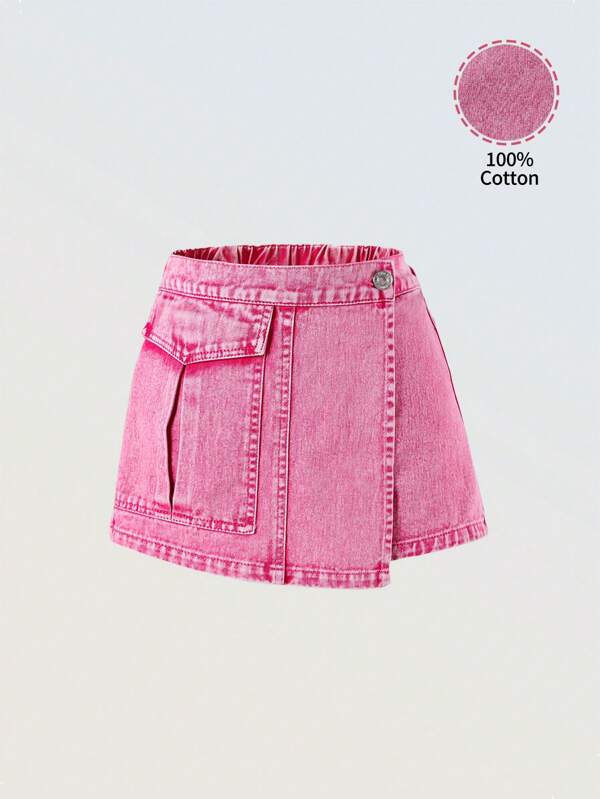 Tween Girls Casual Daily Urban Street Denim Cargo Skort, Pink, 2 In 1, Front Cover Pockets, Elastic Waist, Button Front