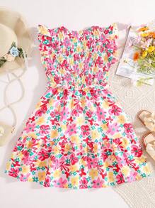 Girl Floral Print Ruffle Hem Crew Neck Sleeveless Elegant Vacation Dress (Matching Family Outfits, Sold Separately) - Multicolor - View 2