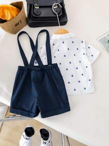 SHEIN Set de 2 piezas de top de punto y pantalones cortos informales para niño/niña pequeños, adecuado para uso diario en primavera/verano y eventos como fiesta de cumpleaños, bautizo, 1er cumpleaños, fiesta de noche, actuación, boda