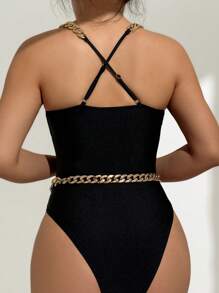 SHEIN Swim 1 pièce Maillot de bain une pièce pour femmes, sexy, à fines bretelles croisées, taille haute, couleur unie (chaîne de taille non incluse), pour les vacances d'été à la plage