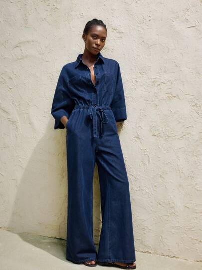 Maija Women's Denim Dark Blue Jumpsuit Lightweight Denim Three Quarter Sleeves Casual And Versatile Drawstring Waistband, Going Out, Old Money, Fall Women Clothes