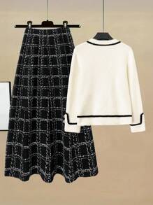Franclia 2pcs/Set Women Elegant French Style Wool Blend Cardigan Sweater And Plaid A-Line Midi Skirt Outfit, Casual Business Attire With Bow Decor