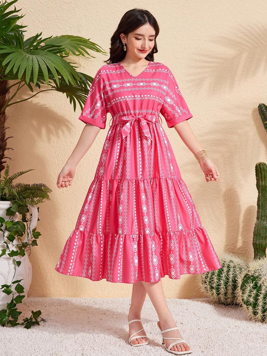 Elegant Vacation V-Neck Short Sleeve Cinched Waist Flared Midi Dress Teen Girl,Holiday,Summer,Travel - Hot Pink - View 1