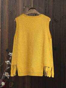 EMERY ROSE 2024 秋冬新款 V 领流苏下摆黄芥末针织女毛衣背心，休闲时尚 - 黃色 - 查看 2