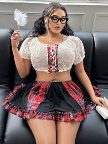 Fantasy Costume Conjunto de lencería sexy minimalista de 3 piezas con bloques de color para tallas grandes