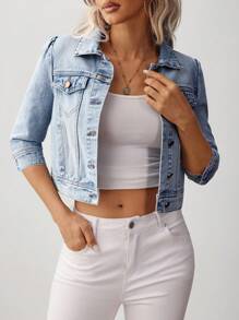SHEIN Essnce Chaqueta de mezclilla corta casual y desgastada para mujer