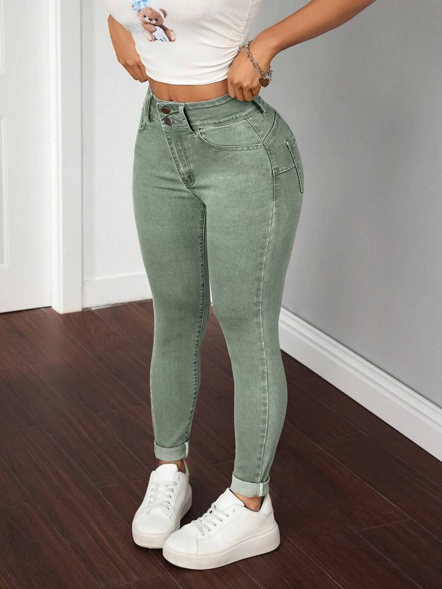SHEIN PETITE Women's Button Front Pocket Simple Skinny Casual Denim Jeans - Army Green - View 1