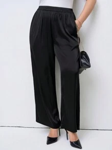 Chikora Plus Size Women's Solid Color Elastic Waist Pocket Simple Long Pants Old Money Festival