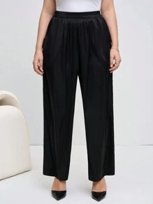 Chikora Plus Size Women's Solid Color Elastic Waist Pocket Simple Long Pants Old Money Festival