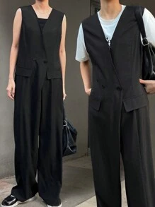 FRIFUL Mono negro para mujer, pantalón de pierna recta con cuello en V y sin mangas, monos de primavera para mujer