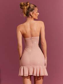 L'Amorae Sweetheart Tube Mesh Mini Dress With Rosette - Dusty Pink - View 3