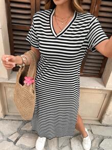 Franclia Vestido evasé a rayas en blanco y negro para mujer de talla grande con abertura lateral