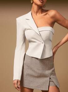 Hauture Summer Women Outfit, Women Clothes, Beige Asymmetrical Single Lapel Bustier Long Sleeve Blazer Crop Jacket, Women Tops, Long Sleeve Top, One Shoulder Top, Women Blazer, White Top, Office Women Outfits. For Date Night, Concerts, Performances, Parties, Clubs, Music Festivals, Old Money