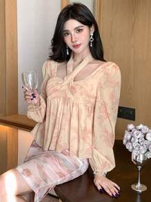 DAZY 女式方领全身花卉印花褶饰袖口衬衫花卉、娃娃装上衣、秋季女装长袖上衣 - 粉色 - 查看 5