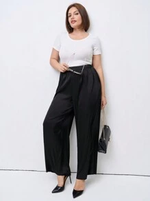 Chikora Plus Size Women's Solid Color Elastic Waist Pocket Simple Long Pants Old Money Festival