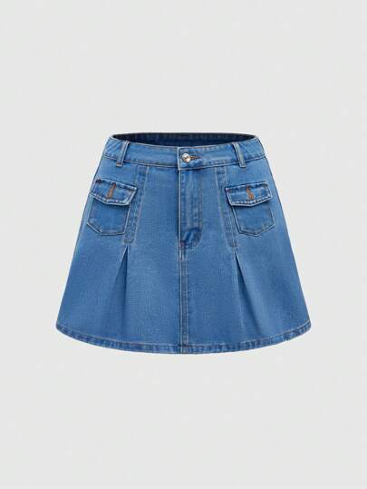 Minifalda vaquera plisada casual con bolsillo para mujer