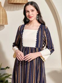 SHEIN TEEN GIRL Vintage Decor Fringe Waist Cinched Long A-Line Dress