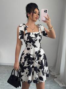 Elenzga Women's Floral Print Spaghetti Strap Short Elegant Dress