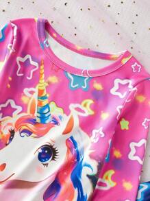 Jeune fille Ensemble de pyjama 2 pièces avec haut à manches longues col rond et pantalon long, imprimé licorne fluorescente