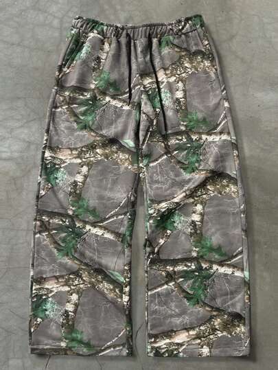 PAVTROS 男式松紧腰印花前系带休闲直筒运动裤