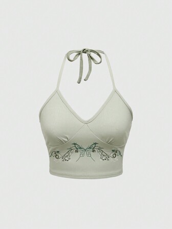 Camiseta de tirantes ajustada de cuello halter con estampado de vid de mariposa de moda