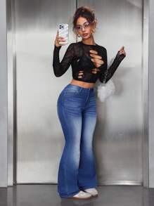 SHEIN PETITE 女式休闲水洗修身喇叭牛仔裤